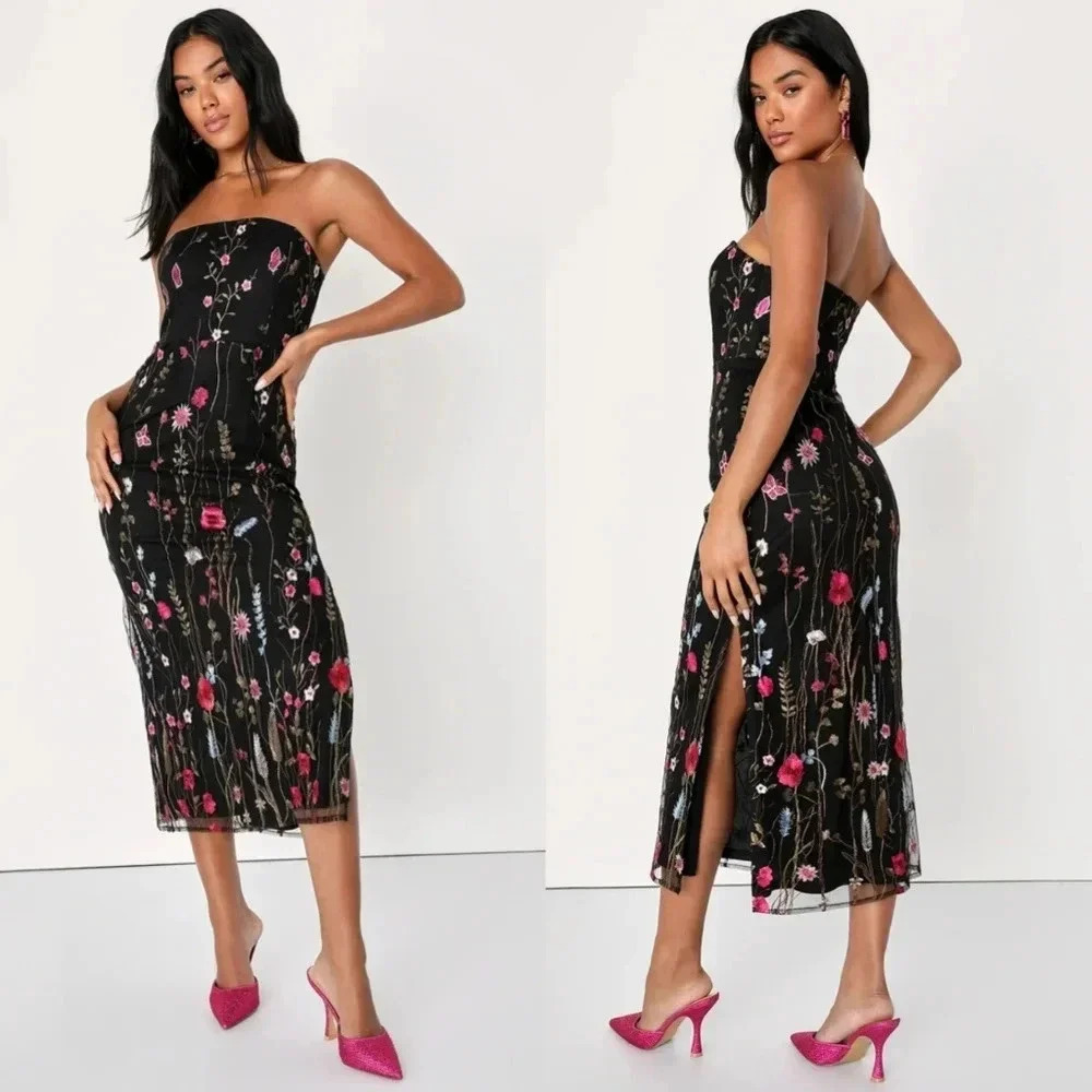 Lulus Bold Botanicals Black Floral Embroidered Strapless Midi Dress L Party Prom